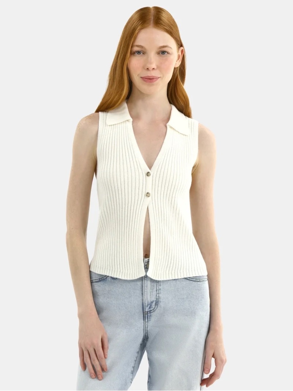 Sleeveless Collared Rib-Knit Shell - Cream